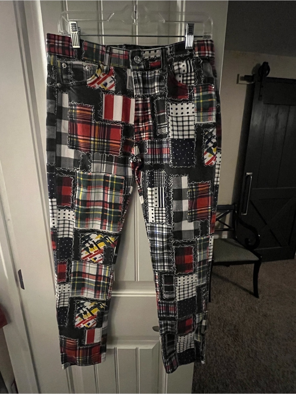 Watson Patchwork Plaid Denim Jean - Red, Black, White, size 32